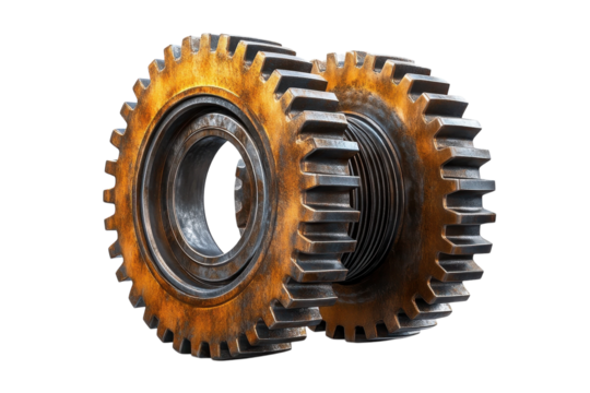 Two Weathered Gears Interlocked, A Testament To Enduring Strength And Intricate Mechanics, Showcasing A Rusty Gold Patina Against A Clean Isolated on Transparent Background