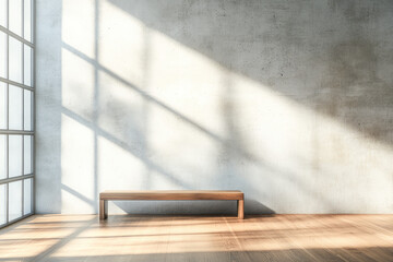Minimalist interior with wooden bench and textured wall, symbolizing simplicity, calm, and modern architectural harmony. 