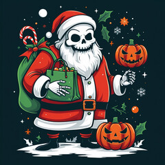 Santa Claus bringing gifts near a Christmas tree in a festive winter scene