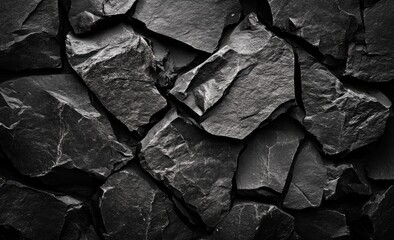 Dark gray stone wall texture.  Close-up view of fragmented, irregular rock pieces
