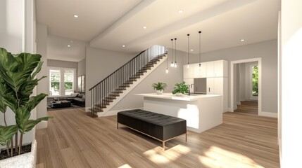 Naklejka premium Modern house foyer, kitchen, staircase. Interior, light-filled. Potential use Real estate, home design
