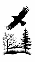 Obraz premium Silhouette of a bird in flight over a winter landscape
