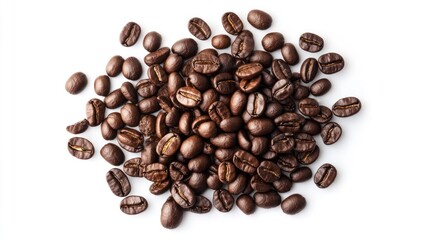 Obraz premium Roasted coffee beans, pile, top view, food photography, background white, stock image, perfect for commercial use