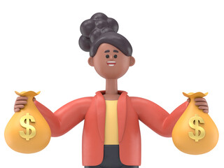 3D illustration of african american woman Coco standing holding and hugging in his arms big cash money pack bundle.Supports PNG files with transparent backgrounds.