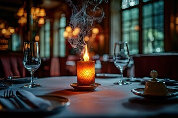 Warm ambiance of a fine dining establishment featuring a lit candle on a neatly set table with glasses, creating a mood of intimacy, elegance and celebration.