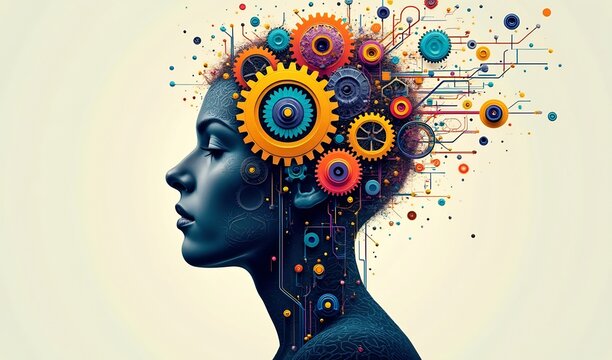 Serene woman profile vibrant gears creatively depict intricate mind processes. AI Generated