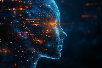 Digital Mindscape: A futuristic, ethereal visualization of a human profile, overlaid with glowing circuitry and data streams, symbolizing the intersection of technology and human consciousness.