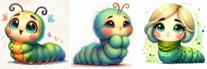 Fototapeta premium Adorable Caterpillar Character Designs with Varied Styles and Expressive Eyes