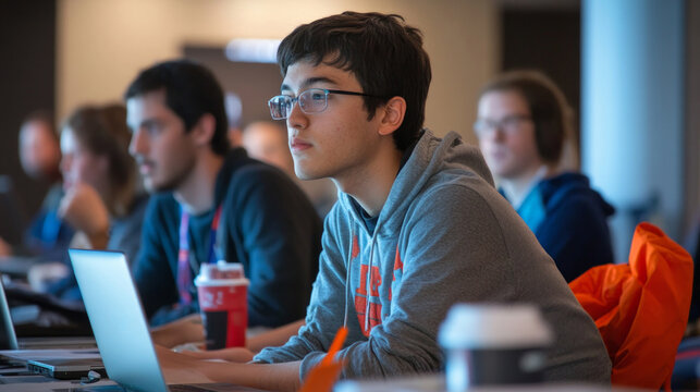 Tech enthusiasts collaborate on coding projects at a workshop in a vibrant co-working space, fully engaged with their laptops and each other in the afternoon.