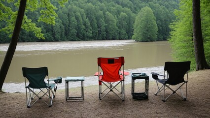 Fototapeta premium Lakeside Relaxation: Camping Chairs Offer a Picturesque View of the Forest River, Inviting You to Unwind and Enjoy Nature's Beauty.