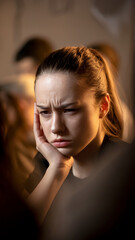 Fototapeta premium Close-up of young woman's face, hand supporting chin, showing pensive expression, conveying thoughtfulness and introspection, ideal for mental health or emotional concepts