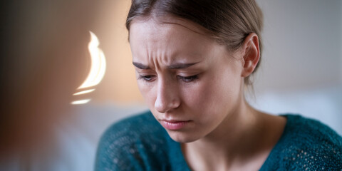 Naklejka premium Close-up of young woman's face, showing sadness and worry, depicted with furrowed brows and downward gaze, conveying feelings of depression and anxiety