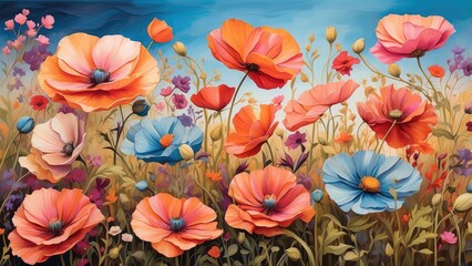 Fototapeta premium A vibrant, expansive field of wildflowers in a painterly style.