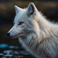 Naklejka premium A white fox with a glossy, iridescent sheen on its fur, reflecting the colors around it.