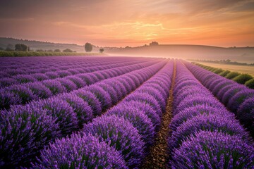 Fototapeta premium A breathtaking sunrise over a vast lavender field, casting a warm glow on the fragrant purple blooms, with rolling hills and distant trees on the horizon.