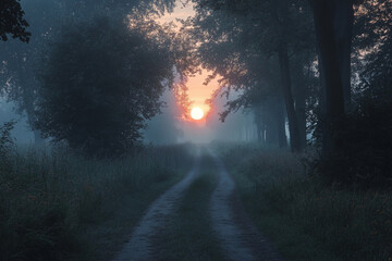 Fototapeta premium Arafed road in a field with a fence and a sunset