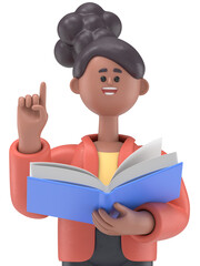 3D illustration of african american woman Coco with reading a book.Transparent Background Mockup. Supports PNG files with transparent backgrounds.