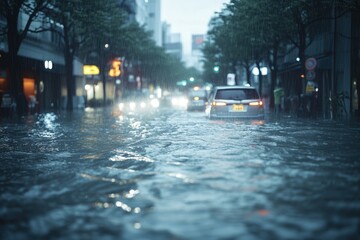 Flooded Urban Streets, heavy rainfall and inundation impact, urban flooding and storm response
