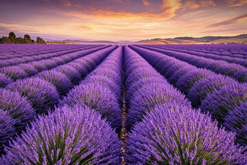 Obraz premium Breathtaking lavender field at sunset with vibrant sky, endless rows of purple flowers stretching to the horizon, serene countryside landscape in bloom.