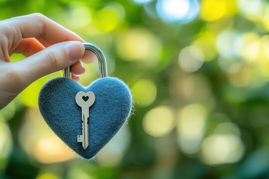 A conceptual image of a hand holding a heart-shaped lock with a key, representing love and unlocking new beginnings, with a soft green bokeh background.