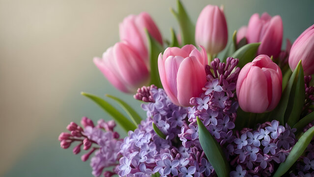 Pink Tulips & Purple Lilacs in Soft Focus Macro Shot, Designed for High-End Advertising Banners & Elegant Product Presentation Copy Space