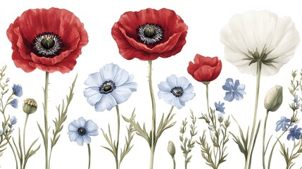 Obraz premium Watercolor Red and White Poppies Floral Arrangement Botanical Illustration