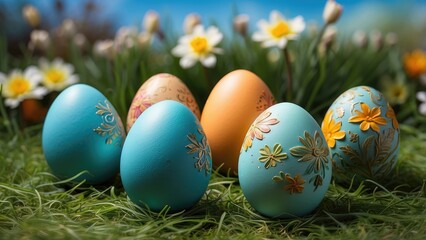 Several decorated Easter eggs are nestled in a grassy area.
