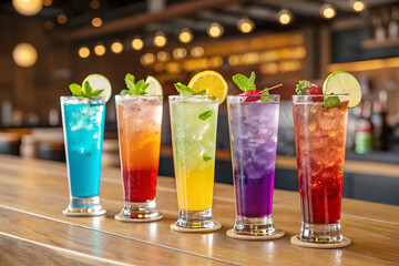 Vibrant Cocktail Display with Colorful Drinks and Fresh Garnishes on a Wooden Bar