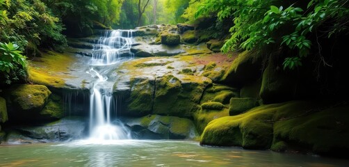 Fototapeta premium Water cascading down mossy rocks in lush green forest Mok Fah Waterfall, Thailand, Mok Fah, jungle, river