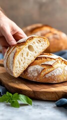 A hand delicately breaks a crusty artisan sourdough loaf revealing its airy interior and complex texture a close-up showcasing the bread's beautiful crumb and golden-brown exterior