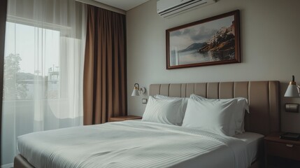 Modern hotel bedroom with city view