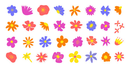 Obraz premium Floral set cute botanical elements on a white background. Spring and summer groovy flowers. Vector illustration