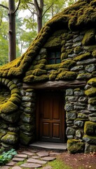 Naklejka premium Ancient moss-covered stone building, wooden door, tranquil forest, peaceful, environment