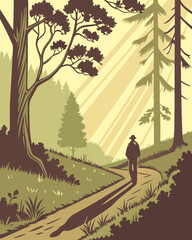 Golden Hour in the Forest with Sunlight and Walking Figure – Peaceful Lo-fi Vector Illustration