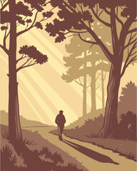 Golden Hour in the Forest with Sunlight and Walking Figure – Peaceful Lo-fi Vector Illustration