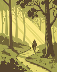 Golden Hour in the Forest with Sunlight and Walking Figure – Peaceful Lo-fi Vector Illustration