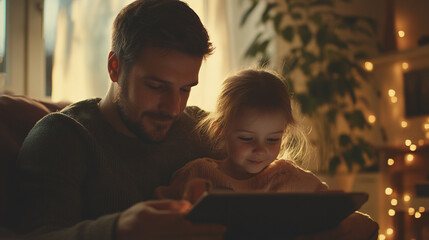 Father and daughter looking at a tablet together in a warmly lit room with decorative lights hanging