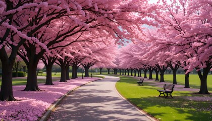 Beautiful cherry blossom trees in full bloom along a park path spring scenic landscape photography