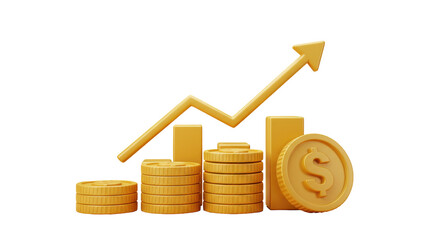 Isolated 3D Render of a Stack of Coins with Growing Arrow