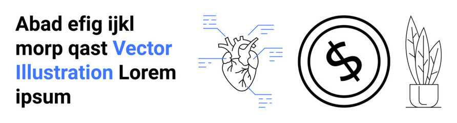 Anatomical heart with circuits, dollar coin icon, and minimalist potted plant. Ideal for healthcare, fintech, growth, innovation, sustainability personal finance bioengineering. Abstract line flat