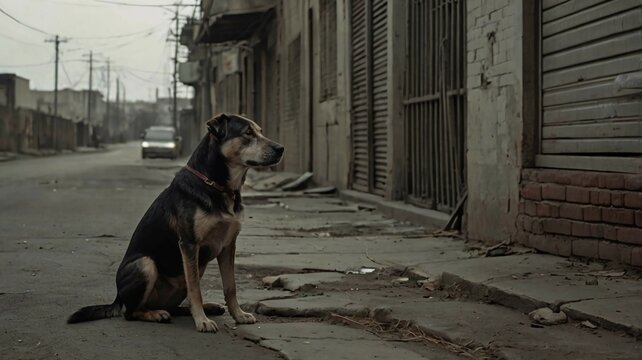 Lonely Stray Dog Sitting on an Abandoned Street &ndash; Urban Decay and Melancholic Atmosphere in a Gloomy Cityscape
