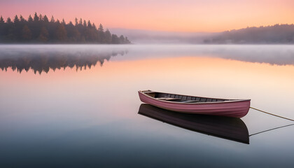 Naklejka premium A Lone Wooden Rowboat Floating on a Misty Lake at Sunrise