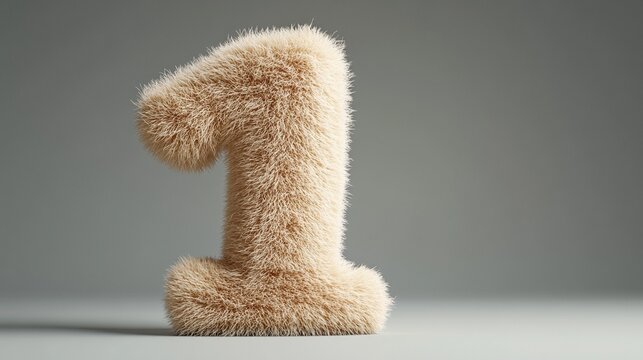 Textured fluffy number one sits on a minimalist surface, showcasing a unique and playful design that adds character to home decor or events
