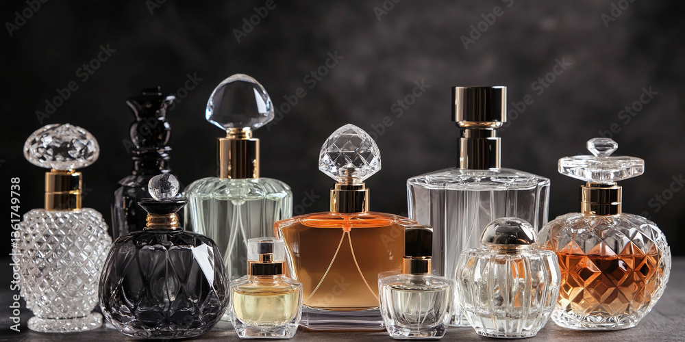 Poster elegant assortment of decorative perfume bottles on display generative ai