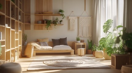 Sunlit Minimalist Living Room with Wooden Accents and Lush Greenery