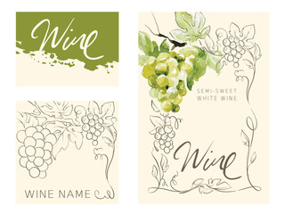 Label for white wines with watercolor bunch of grapes. Vector illustrations, backgrounds with grapes, author's hand drawing.	