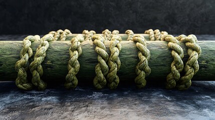 Close-up of bunch of rope tightly wrapped in a knot symbolizing military endurance obstacle course with copy space