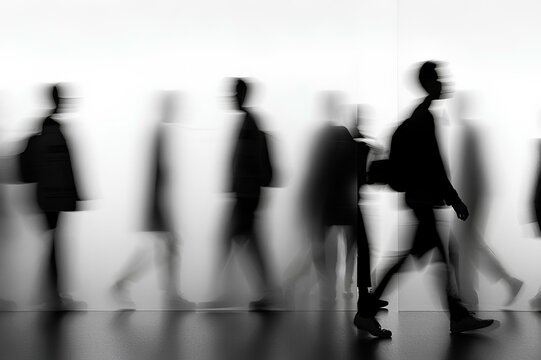 Fototapeta Abstract monochrome photo of silhouettes of people in motion with blur effect. Dynamic urban crowd.