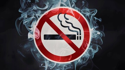 Image of a “No Smoking” sign with realistic puffs of smoke on a black background, creating a sense of health hazard.  For anti-smoking design.