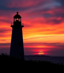 Crisp Point Lighthouse silhouetted against a vibrant sunset sky, coast, structure